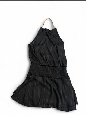 Forever 21 Black Halter Mini Dress Gold Chain Neckline Smocked Waist Size S